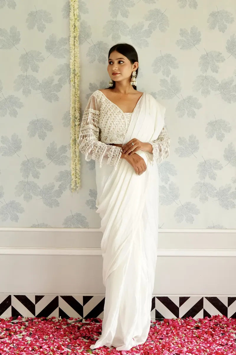 WHITE COLOR READY TO WEAR SAREE INDO WESTERN