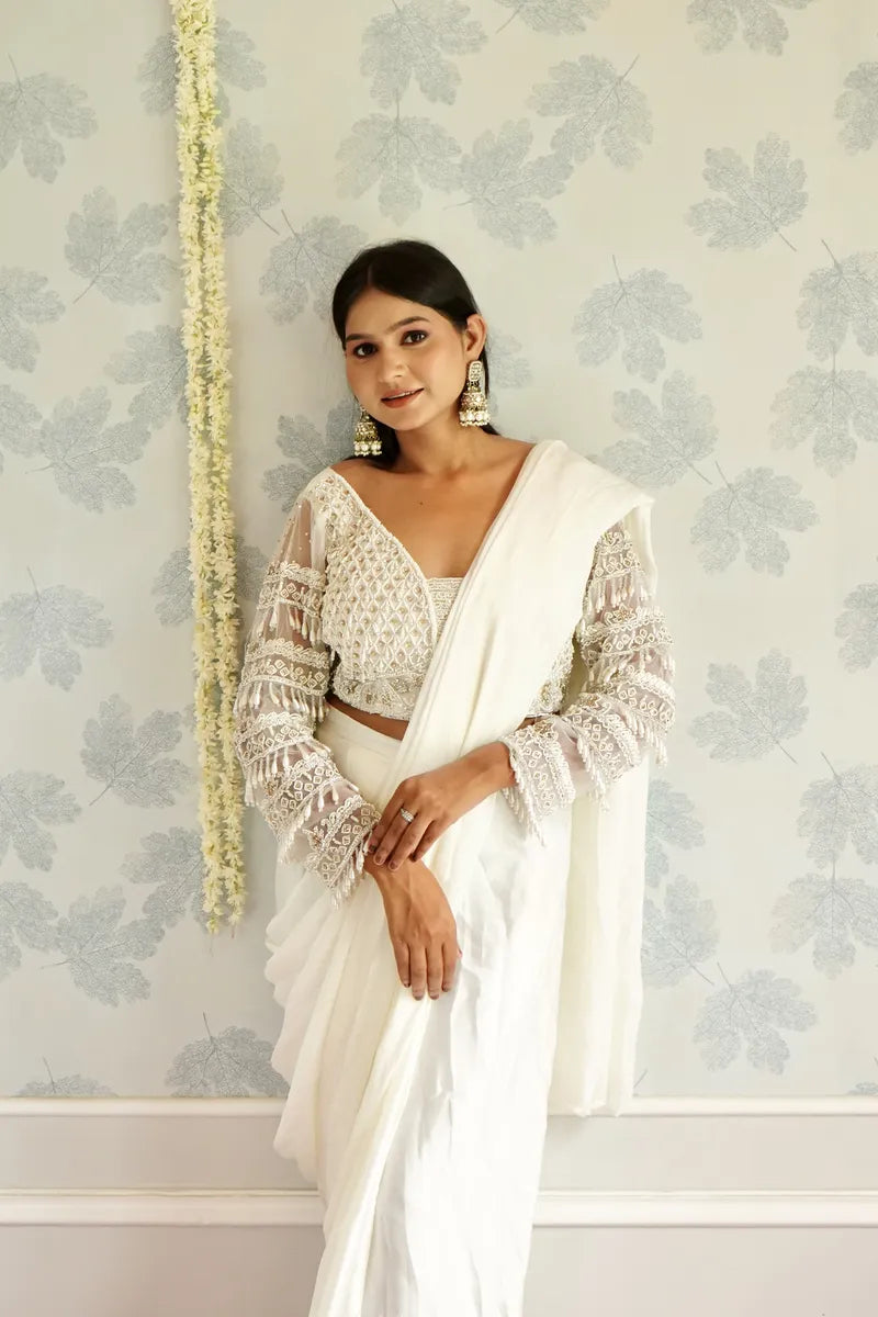 WHITE COLOR READY TO WEAR SAREE INDO WESTERN