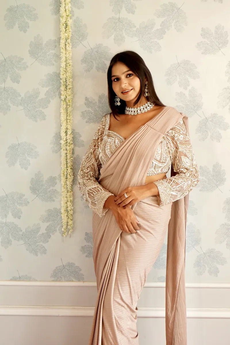 BIEGE COLOR READY TO WEAR SAREE INDO WESTERN