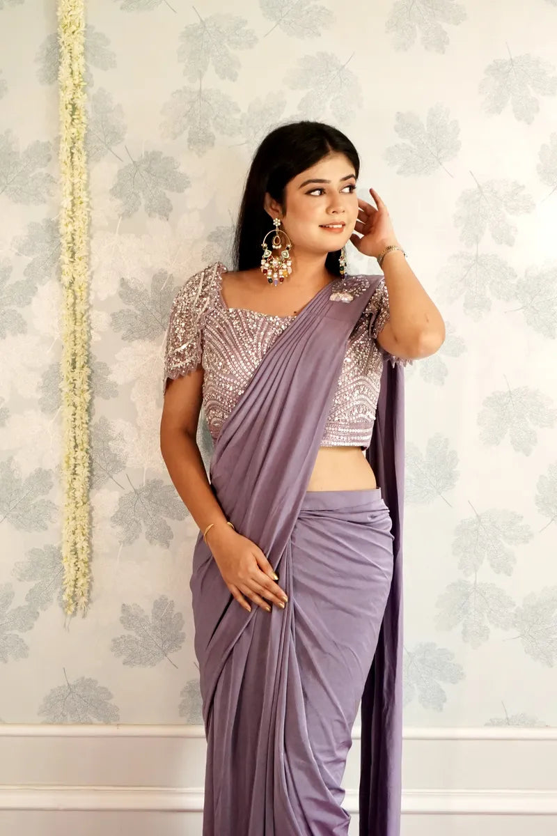MAUVE COLOR READY TO WEAR SAREE INDO WESTERN