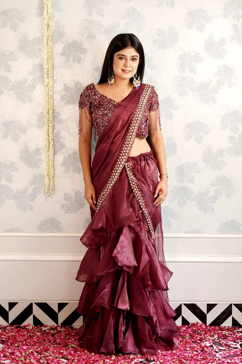 WINE COLOR READY TO WEAR SAREE INDO WESTERN