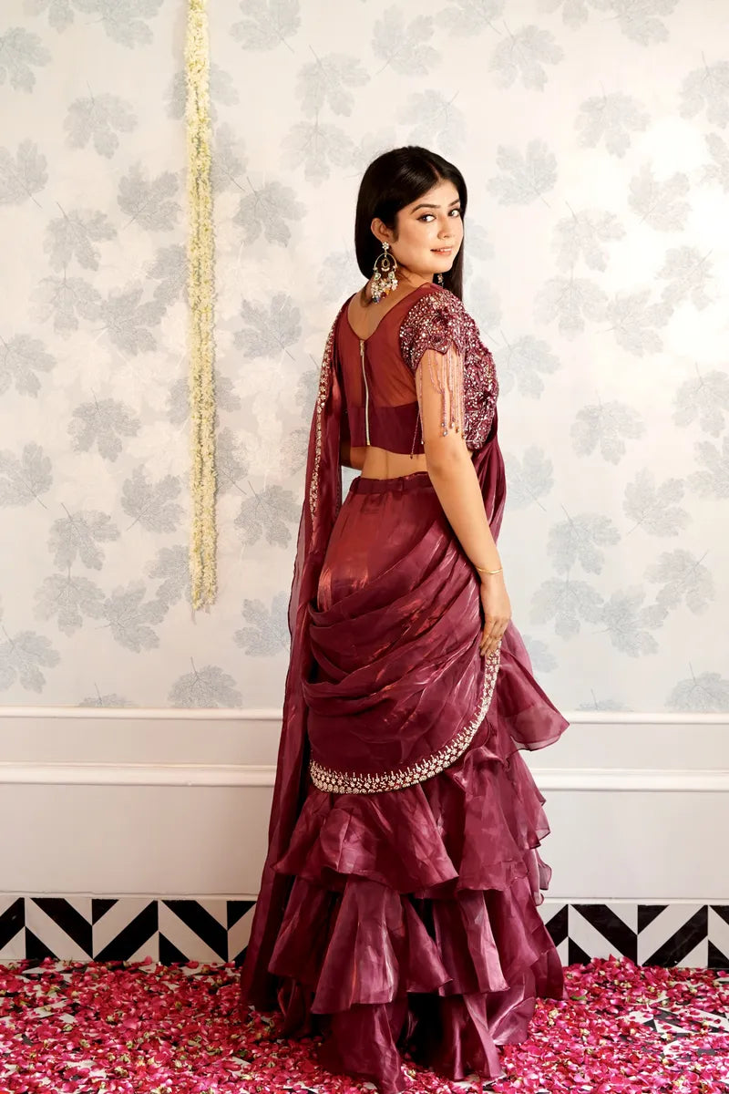 WINE COLOR READY TO WEAR SAREE INDO WESTERN