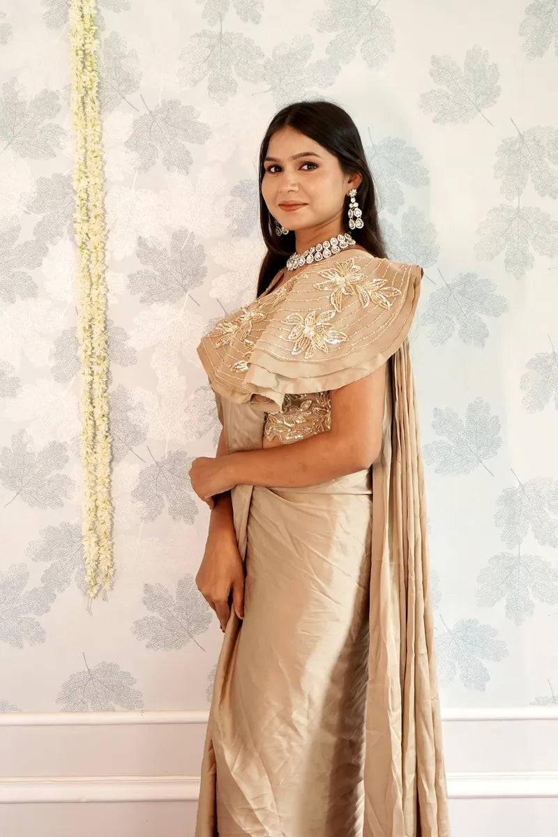 BIEGE COLOR READY TO WEAR SAREE INDO WESTERN