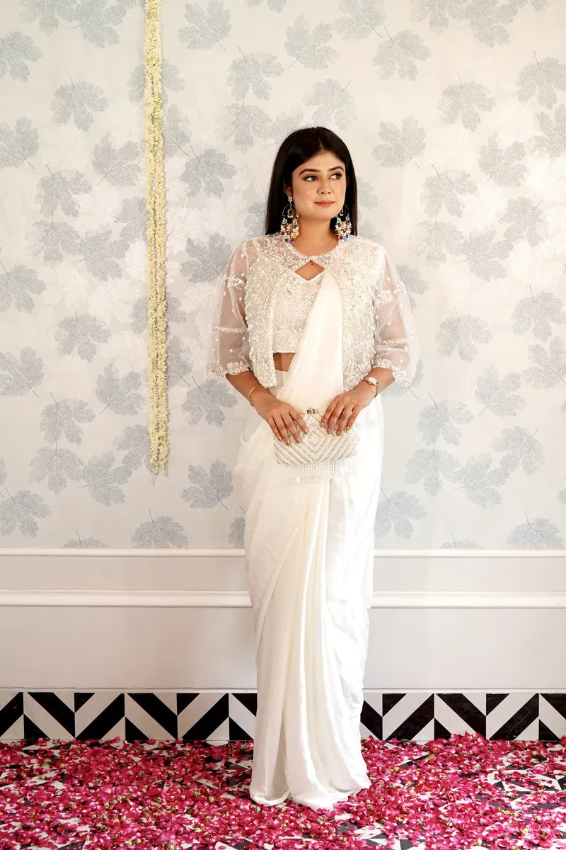 WHITE COLOR READY TO WEAR PLAIN SAREE WITH PURSE  INDO WESTERN