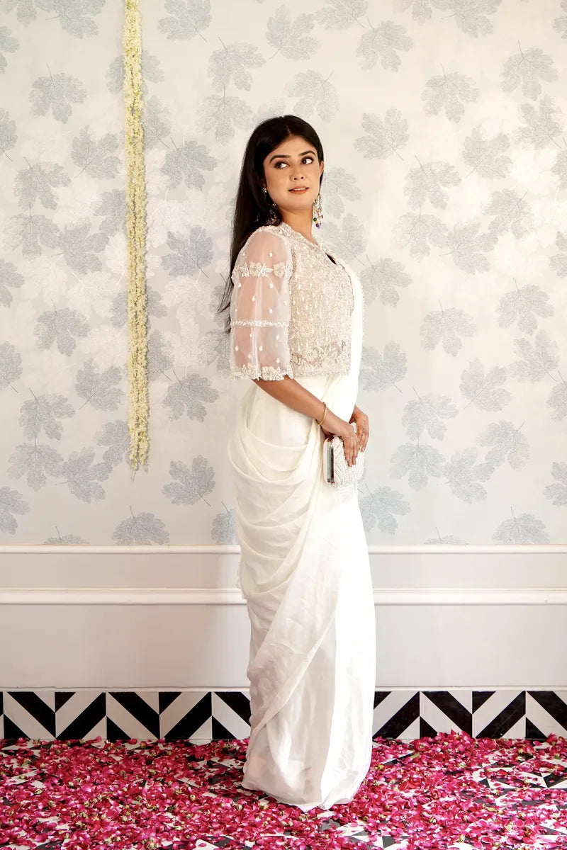 WHITE COLOR READY TO WEAR PLAIN SAREE WITH PURSE  INDO WESTERN