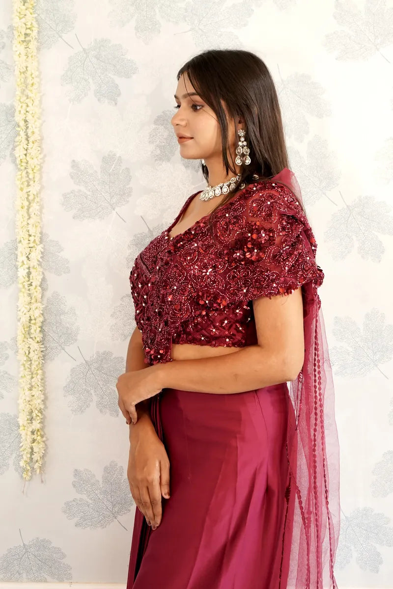MAROON COLOR READY TO WEAR SAREE INDO WESTERN