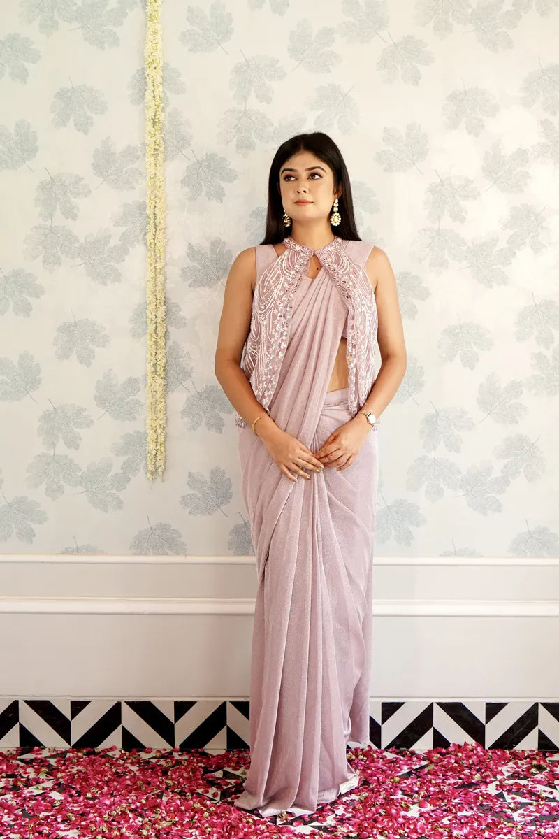 LIGHT PINK COLOR READY TO WEAR SAREE INDO WESTERN