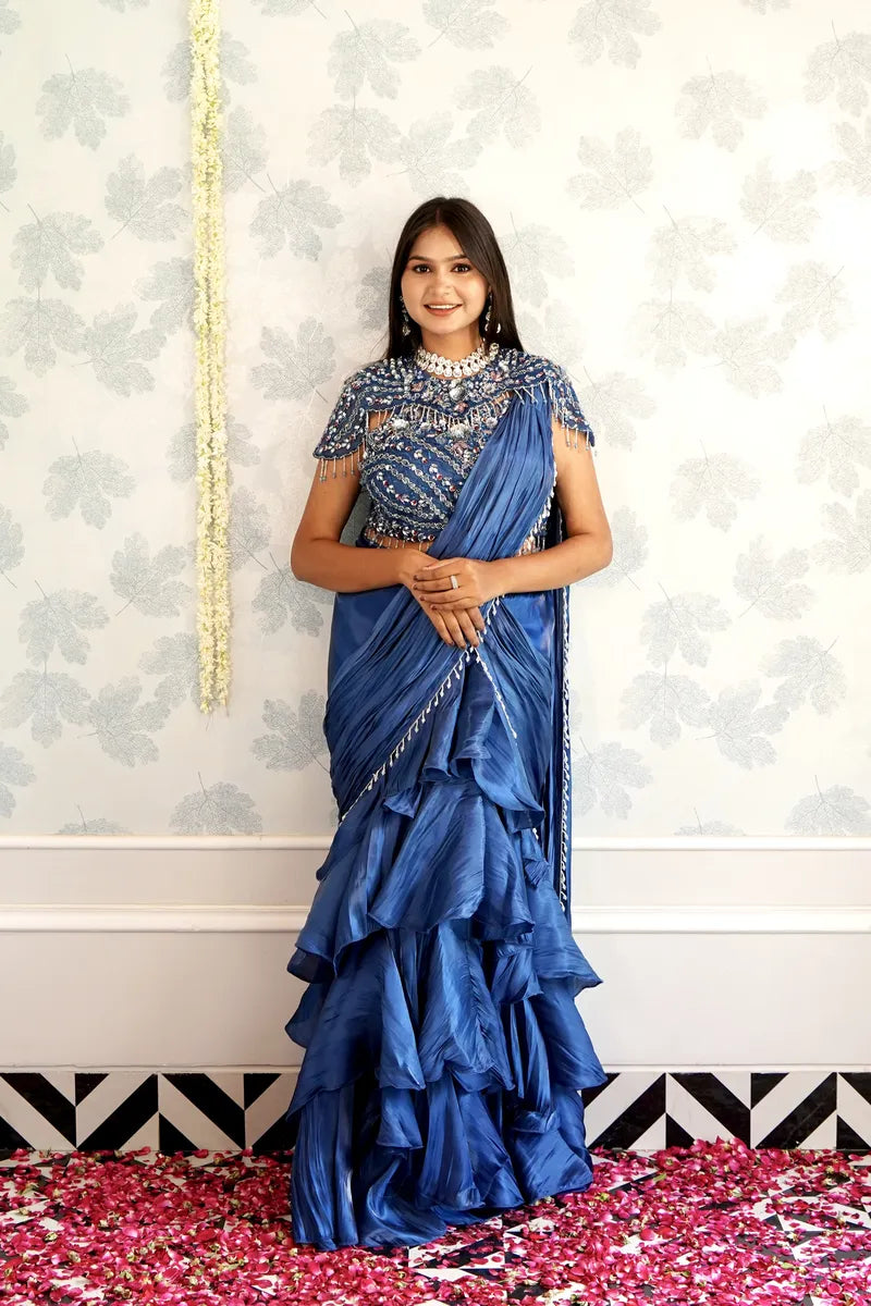 BLUE COLOR READY TO WEAR SAREE INDO WESTERN