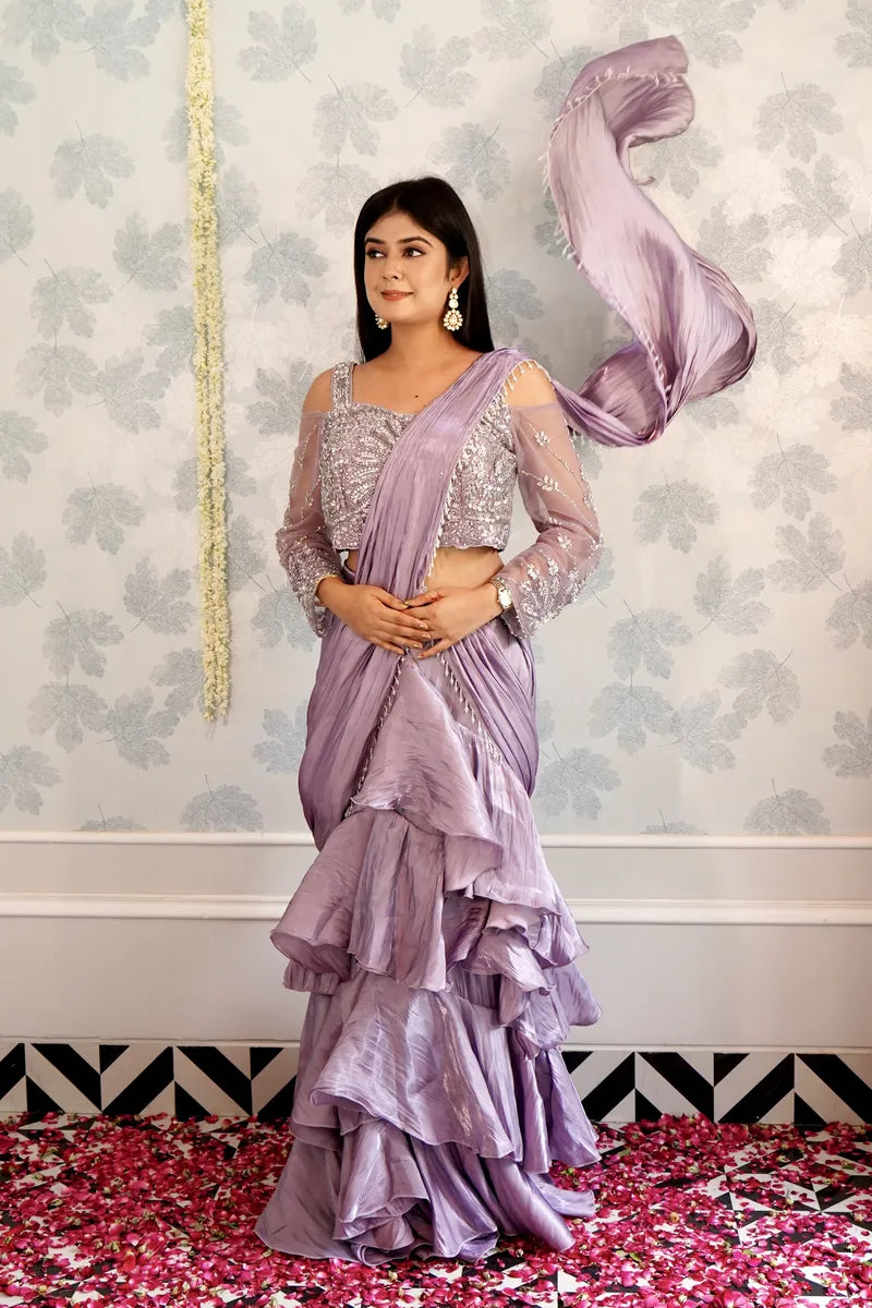 LAVENDER COLOR READY TO WEAR SAREE INDO WESTERN