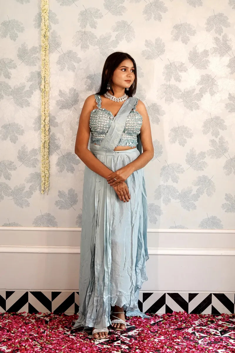 SKY BLUE COLOR READY TO WEAR SAREE INDO WESTERN
