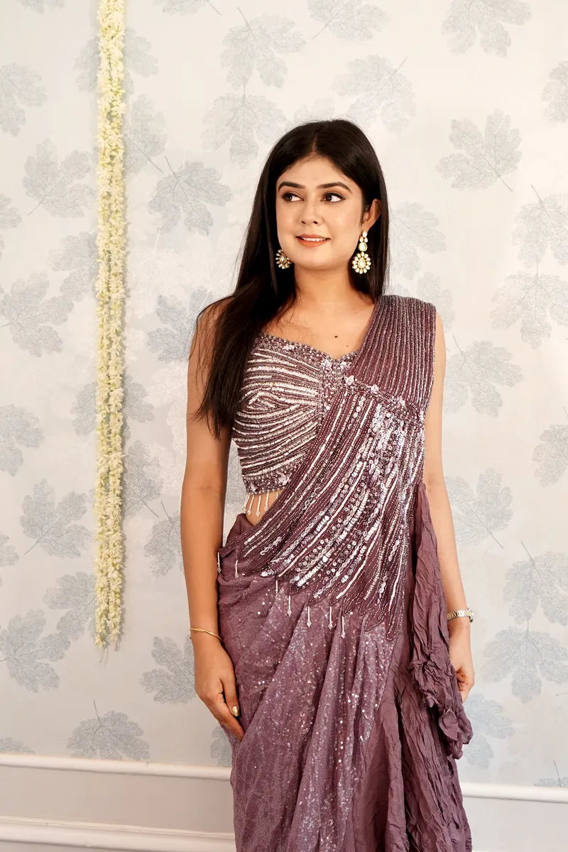 MAUVE COLOR READY TO WEAR SAREE INDO WESTERN