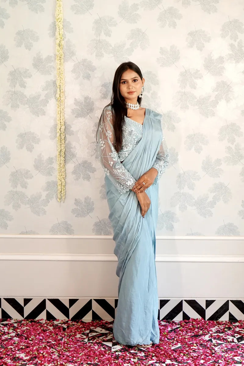 SKY BLUE COLOR READY TO WEAR SAREE INDO WESTERN