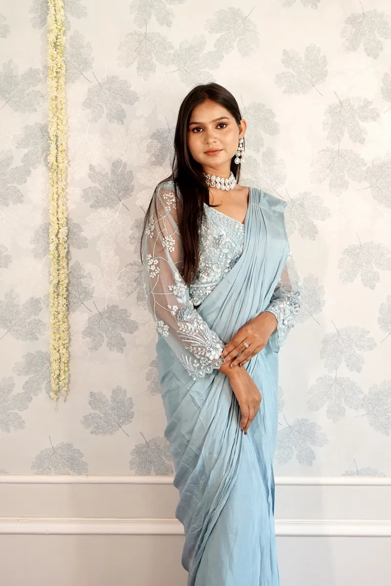 SKY BLUE COLOR READY TO WEAR SAREE INDO WESTERN