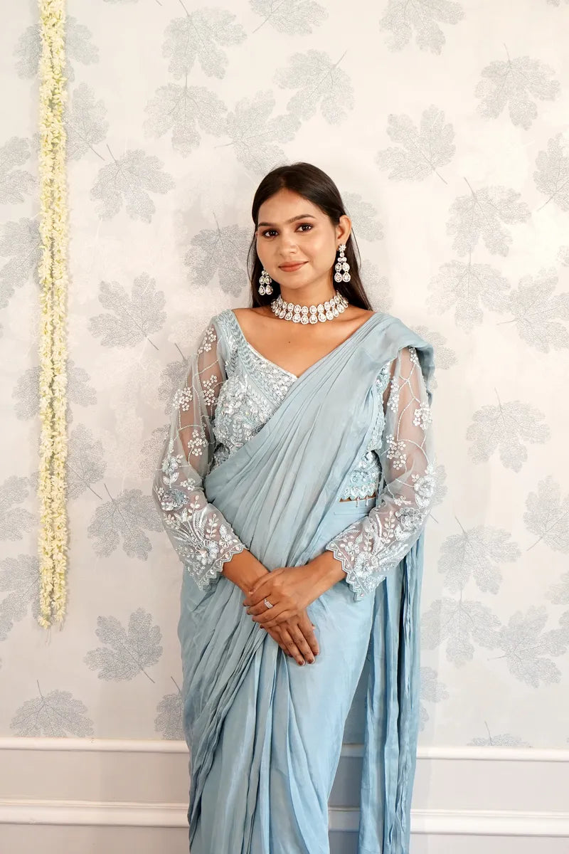 SKY BLUE COLOR READY TO WEAR SAREE INDO WESTERN