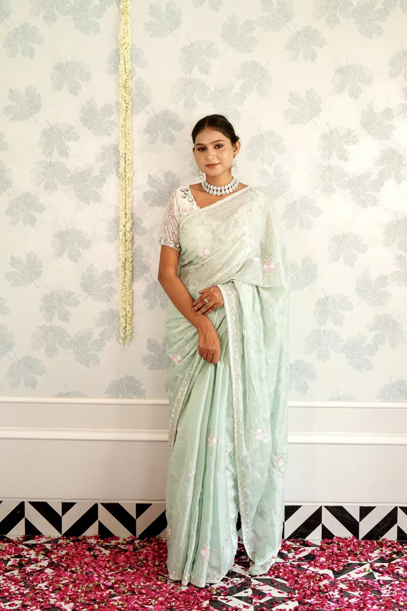 SEA GREEN COLOR READY BLOUSE CREPE SILK SAREE