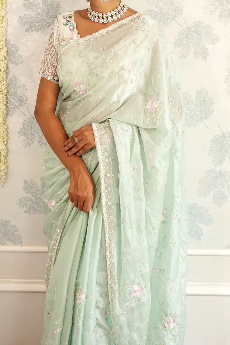 SEA GREEN COLOR READY BLOUSE CREPE SILK SAREE