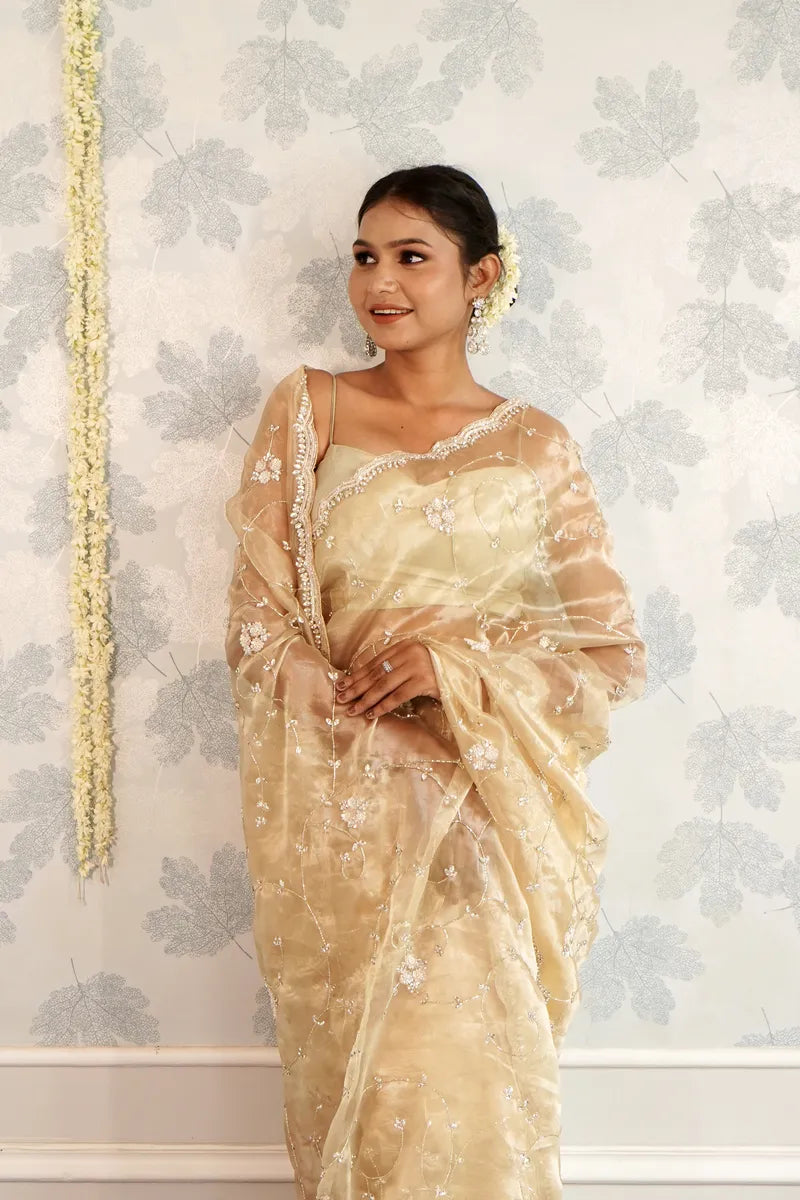 LIGHT GOLD COLOR TISSUE SILK SAREE