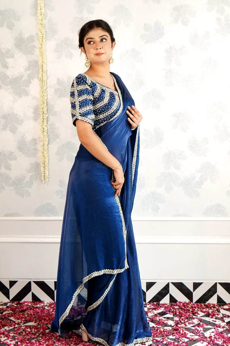 RICH BLUE COLOR READY BLOUSE CREPE SILK SAREE