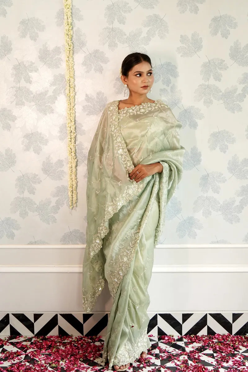SEA GREEN COLOR ORGANZA SILK SAREE