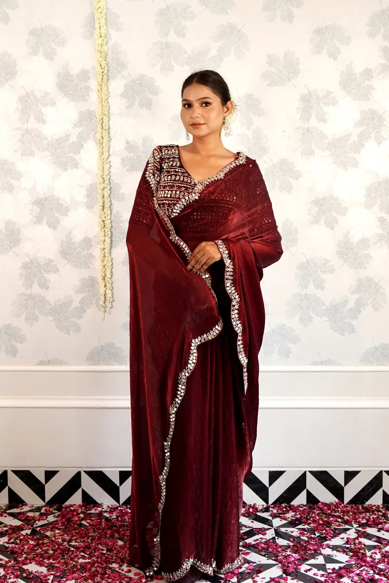MAROON COLOR READY BLOUSE CREPE SILK SAREE