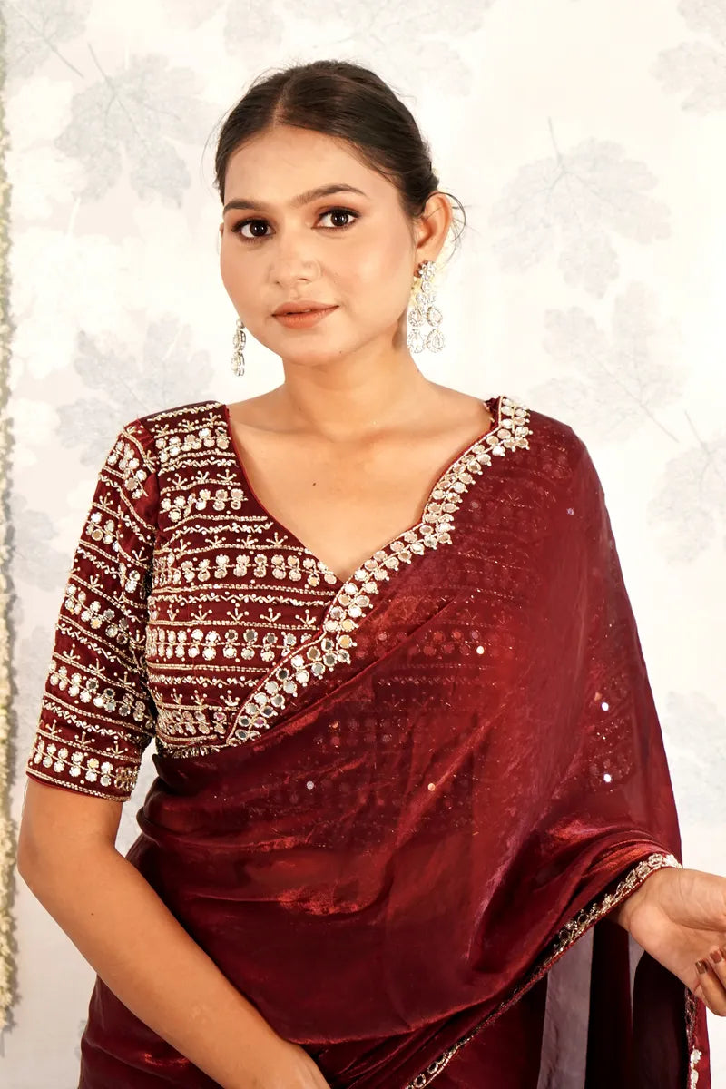 MAROON COLOR READY BLOUSE CREPE SILK SAREE