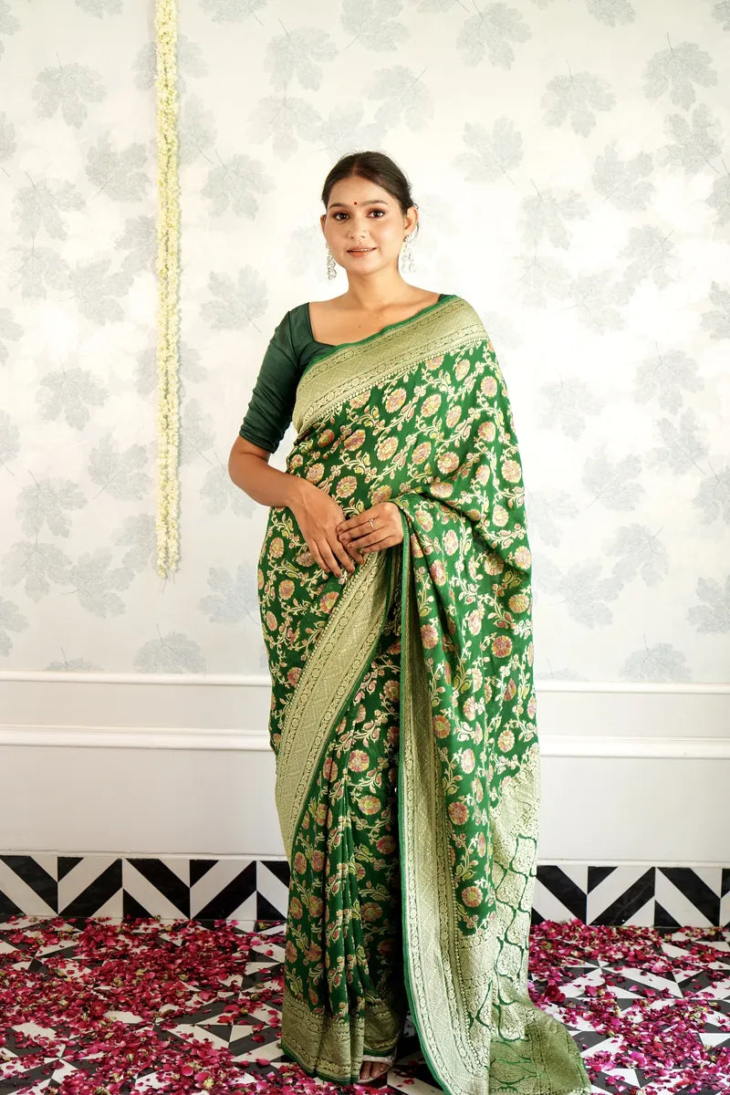 BOTTLE GREEN COLOR PURE HANDLOOM KHADDI SILK SAREE