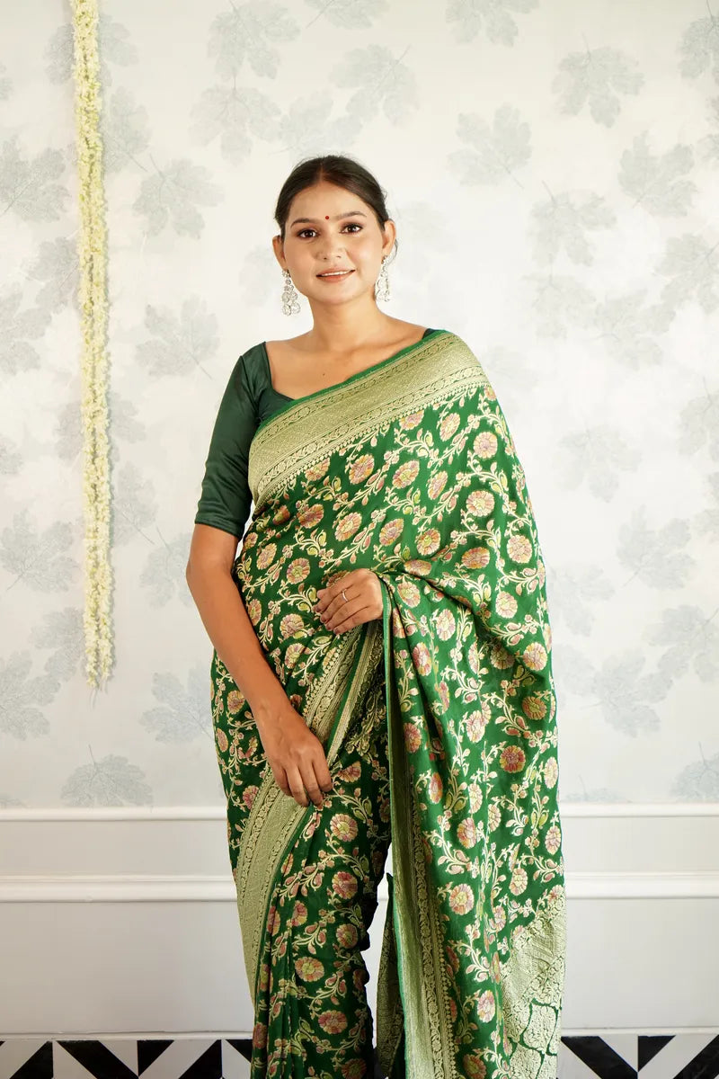 BOTTLE GREEN COLOR PURE HANDLOOM KHADDI SILK SAREE