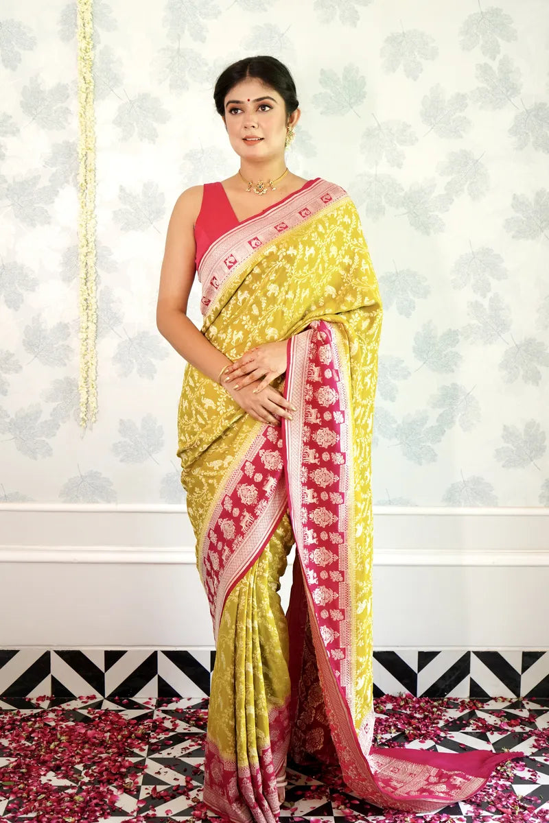 SHADE OF YELLOW COLOR PURE HANDLOOM KHADDI SILK SAREE