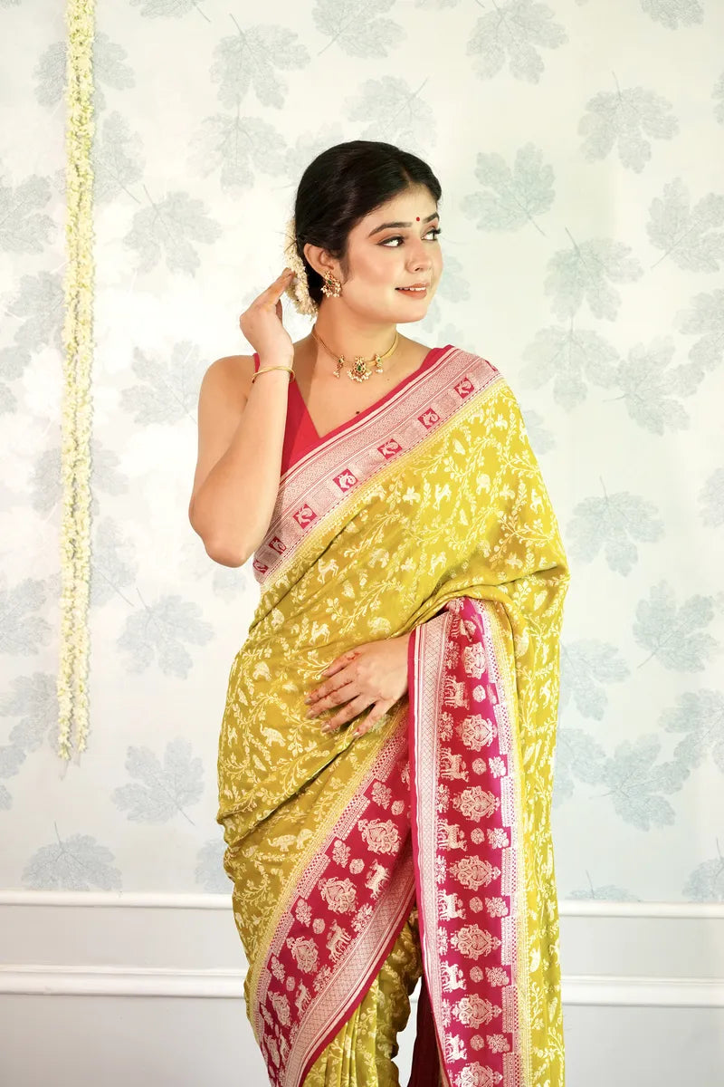 SHADE OF YELLOW COLOR PURE HANDLOOM KHADDI SILK SAREE