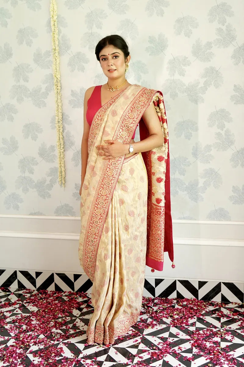CREME COLOR ORGANZA SILK SAREE