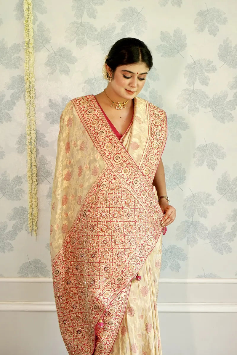 CREME COLOR ORGANZA SILK SAREE