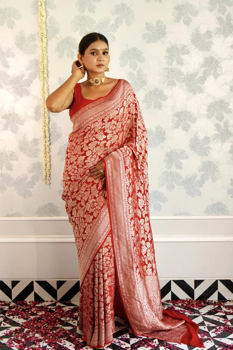 RED COLOR PURE HANDLOOM KHADDI SILK SAREE