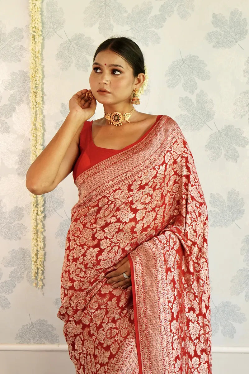 RED COLOR PURE HANDLOOM KHADDI SILK SAREE