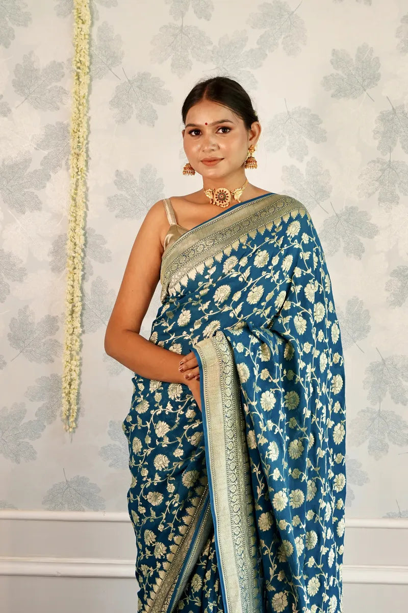 BLUE COLOR PURE HANDLOOM KHADDI SILK SAREE