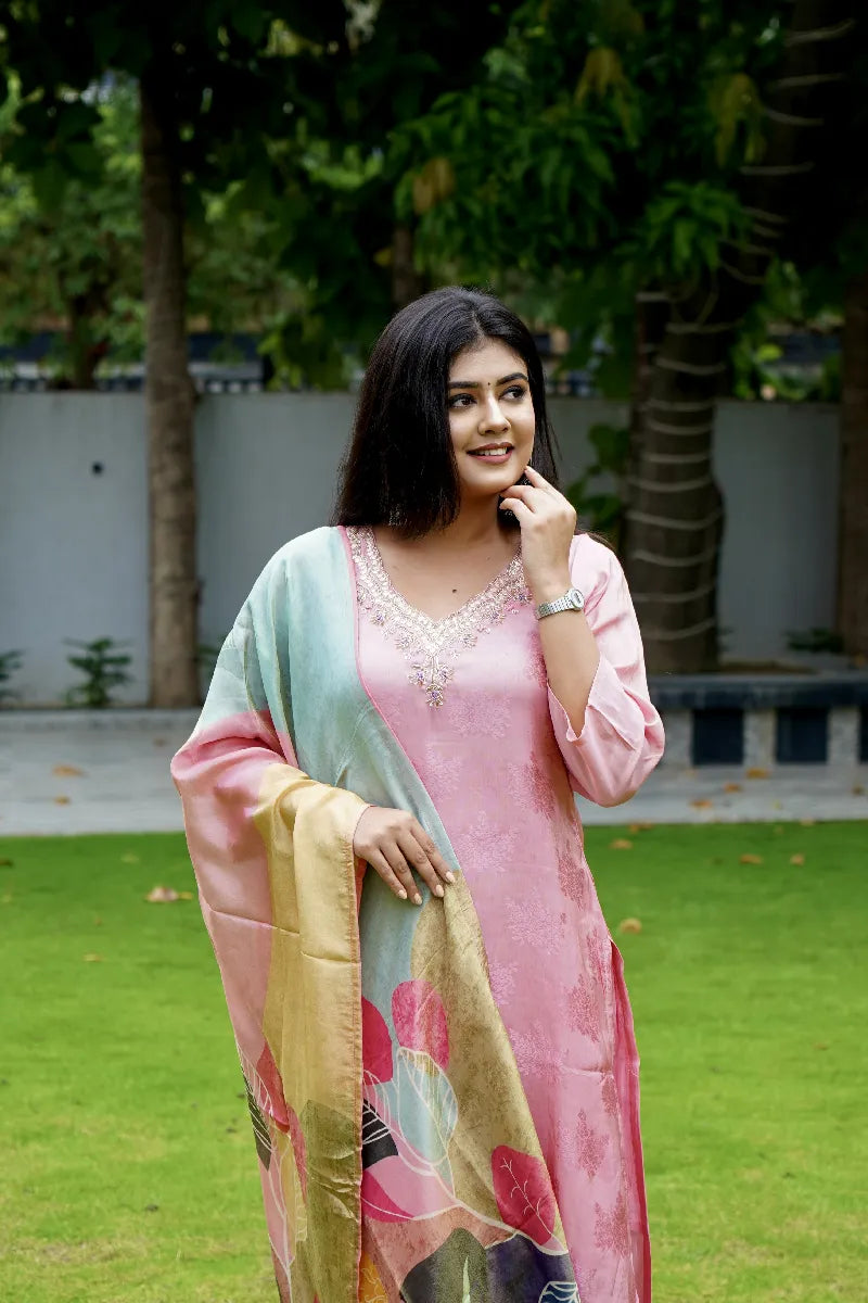 BABY PINK COLOR V NECK KURTI SET