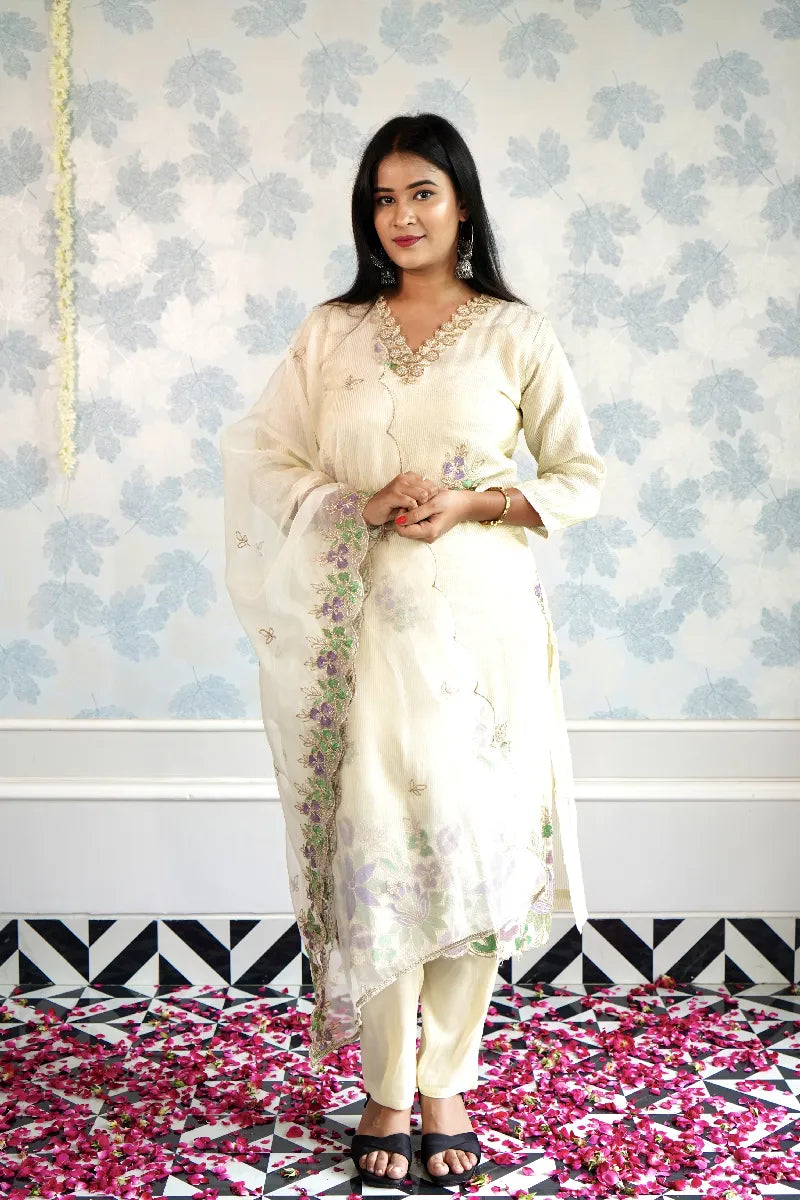 CHANDNI CHARM - HAND EMBROIDERED TISSUE KURTI SET