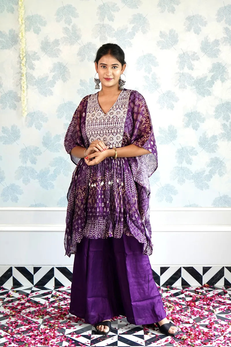 "ROYAL RADIANCE: PURPLE PRINTED KAFTAN CO-ORD SET"