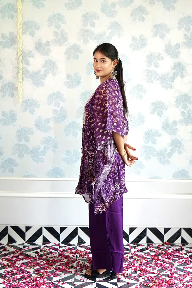 "ROYAL RADIANCE: PURPLE PRINTED KAFTAN CO-ORD SET"
