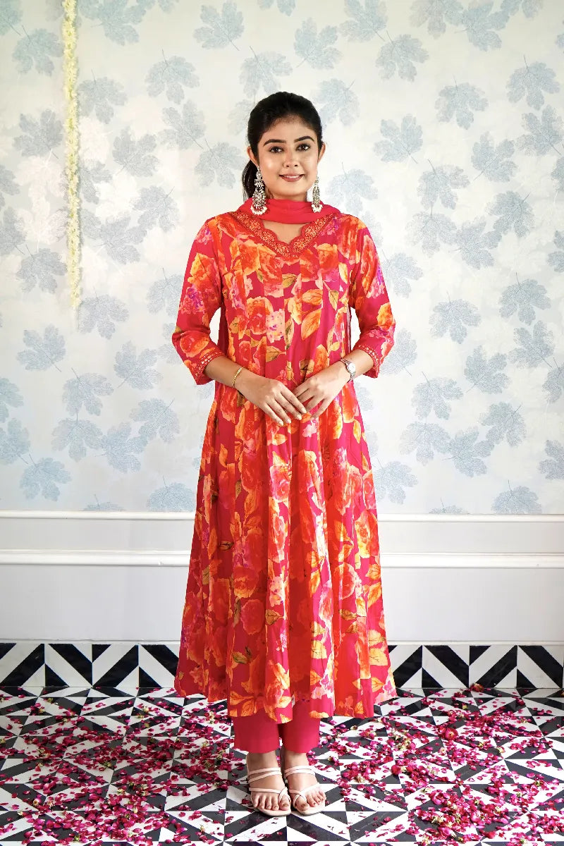 ANAARKALI  PINK COLOR FLORAL SUIT SET