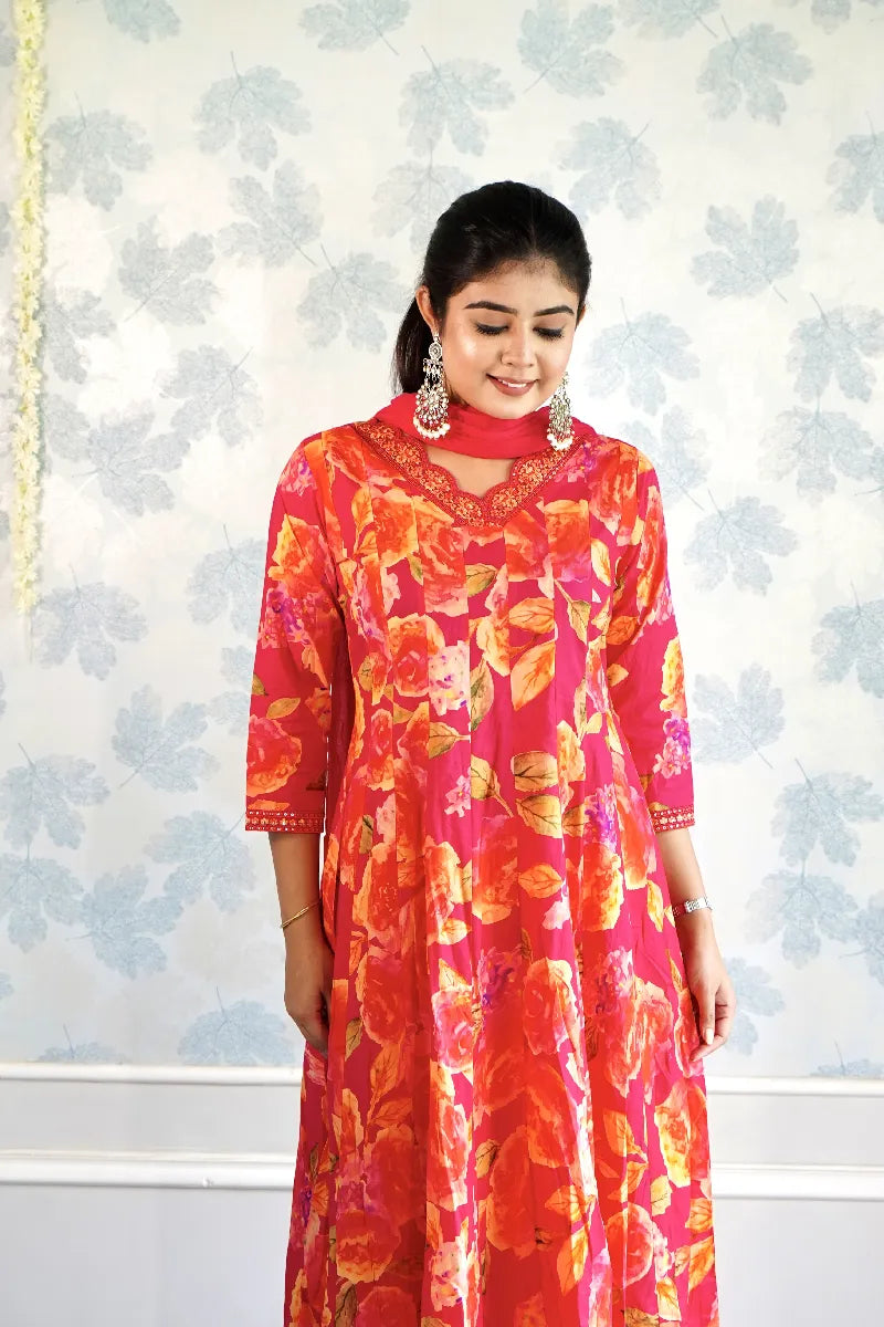 ANAARKALI  PINK COLOR FLORAL SUIT SET