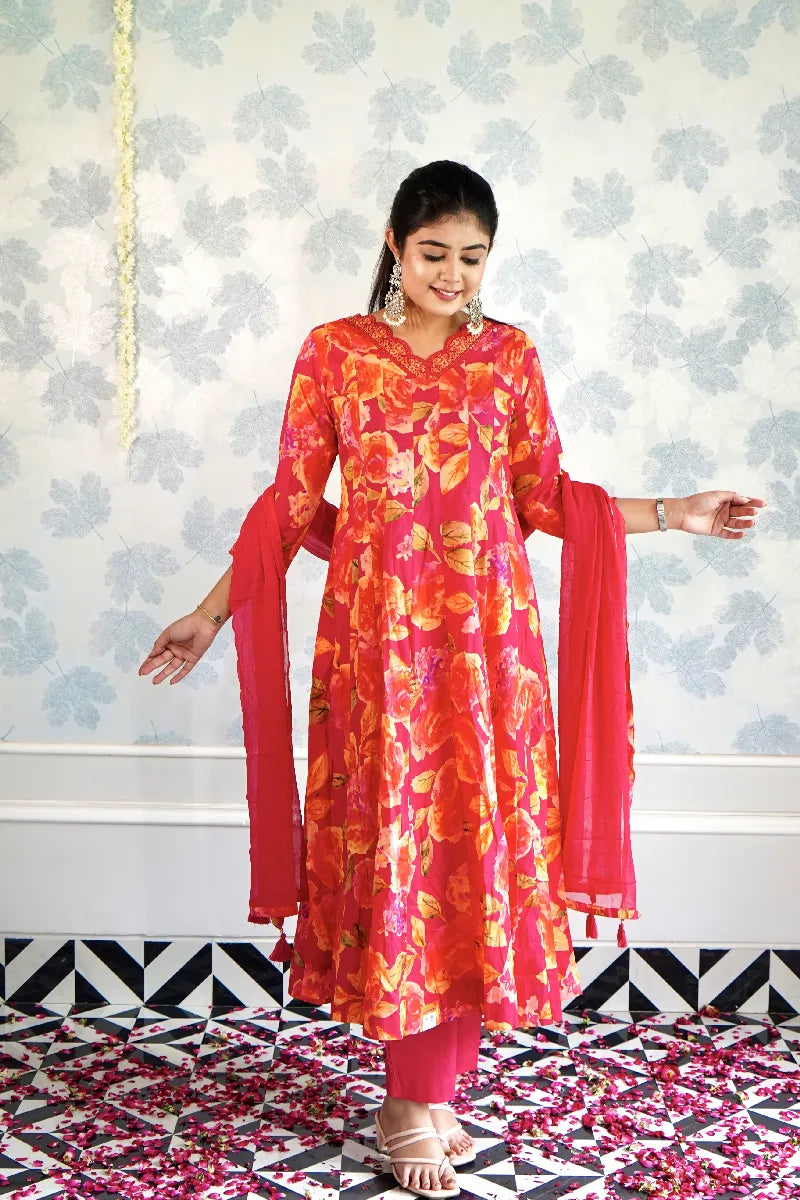 ANAARKALI  PINK COLOR FLORAL SUIT SET