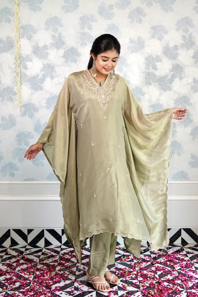 MEADOW MUSE: ETHEREAL OLIVE KAFTAN SET