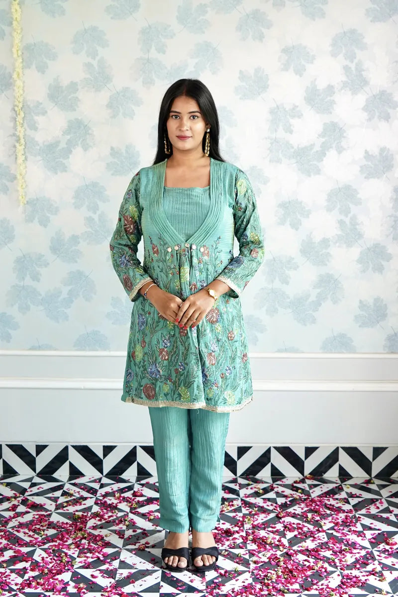 MEADOW MIST EMBROIDERED KURTA SET IN TEAL GREEN