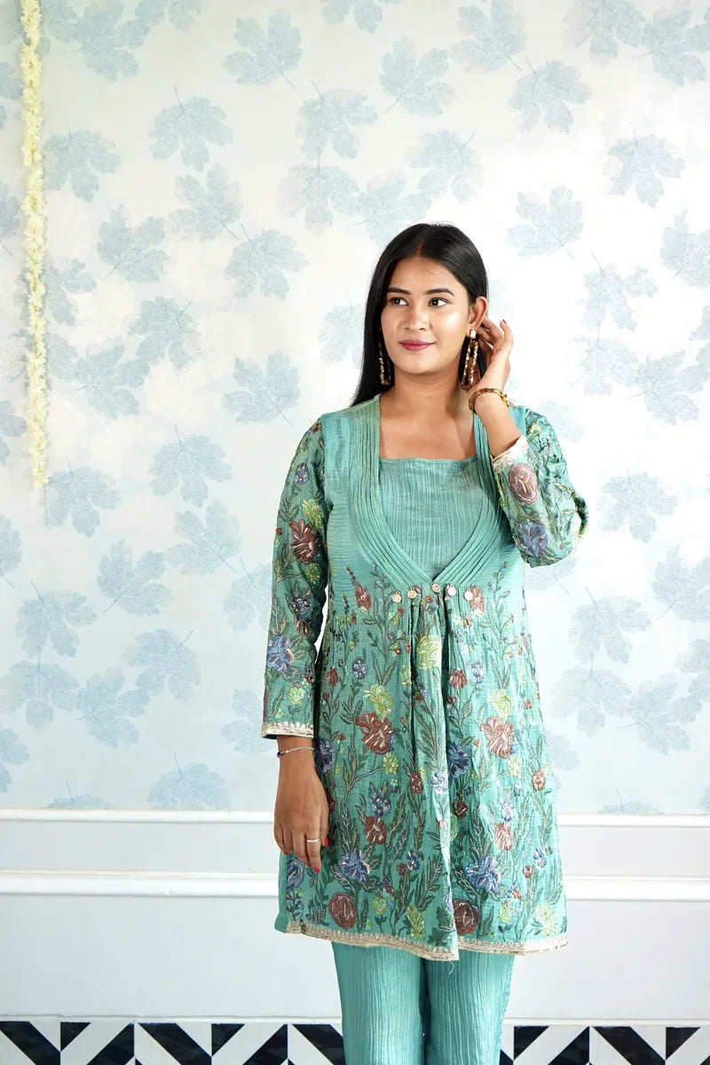 MEADOW MIST EMBROIDERED KURTA SET IN TEAL GREEN