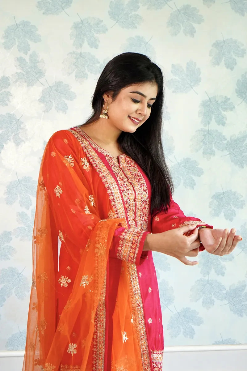 "FESTIVE RADIANCE – RED PATIALA WITH EMBROIDERED ORANGE DUPATTA"