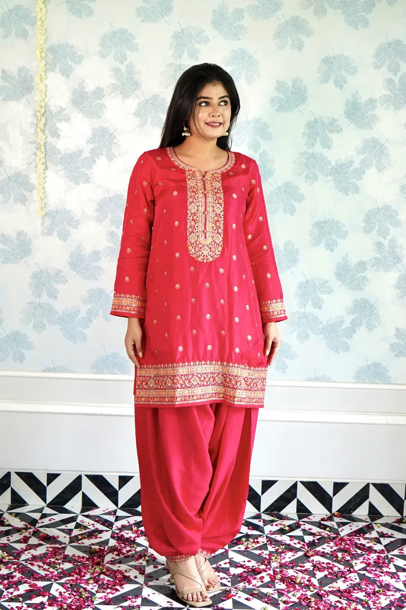 "FESTIVE RADIANCE – RED PATIALA WITH EMBROIDERED ORANGE DUPATTA"