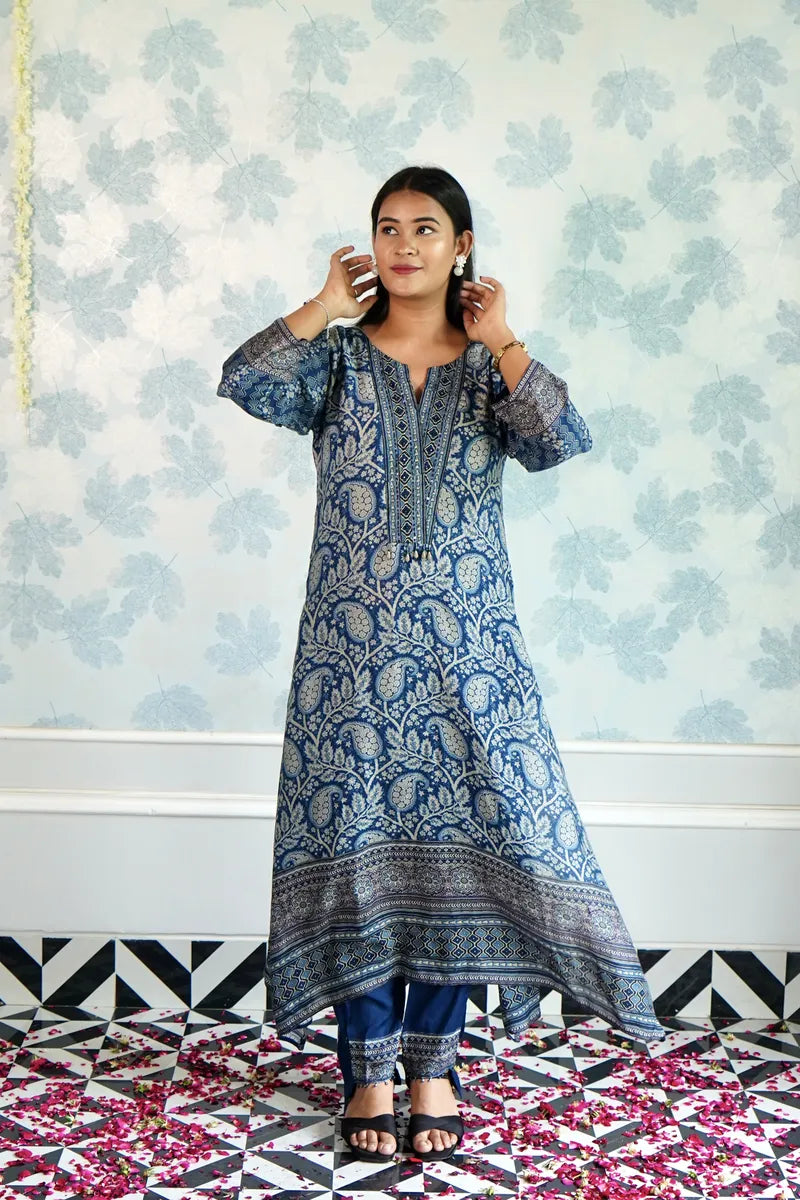 ROYAL INDIGO PAISLEY KURTA SET WITH HANDBLOCK PRINT