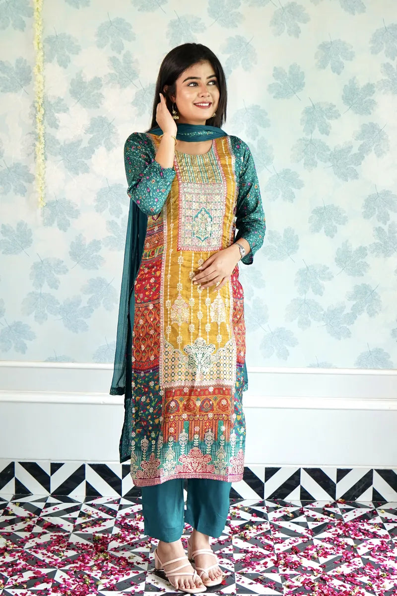 "THE ROYAL EDIT – BANARASI SILK SUIT WITH ORNATE DETAILING"