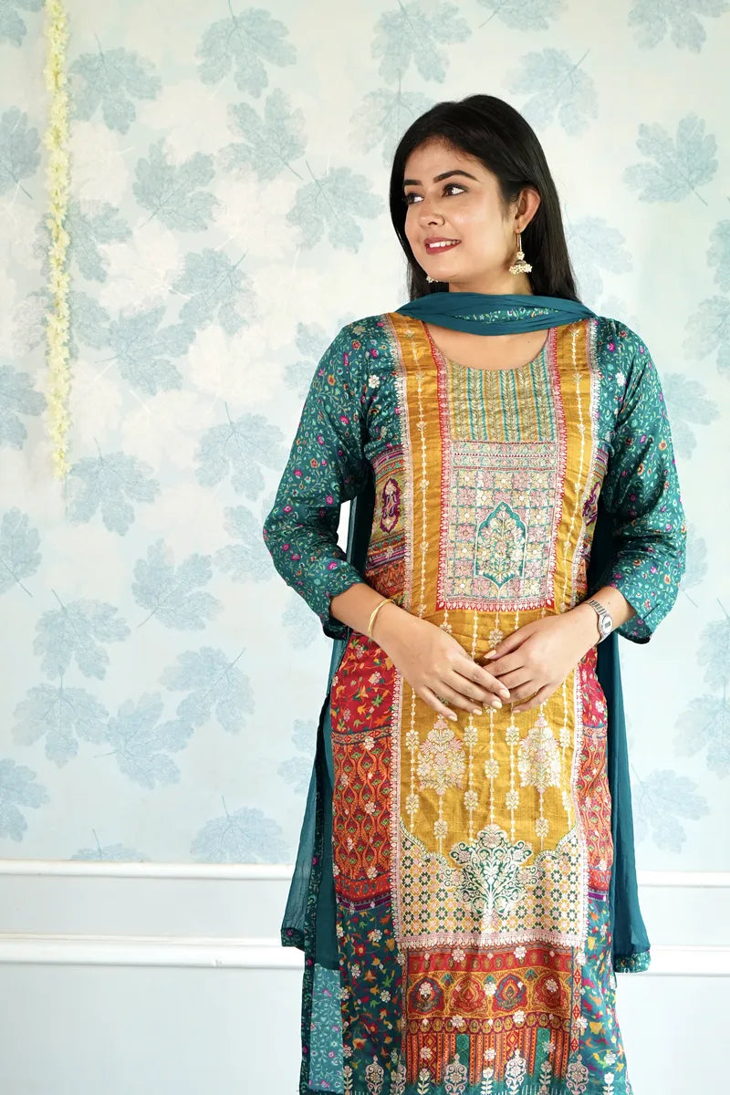 "THE ROYAL EDIT – BANARASI SILK SUIT WITH ORNATE DETAILING"