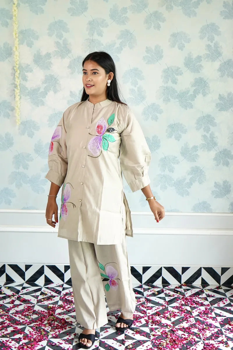 BLOSSOM BEIGE CO-ORD SET WITH HAND-PAINTED FLORAL ACCENTS